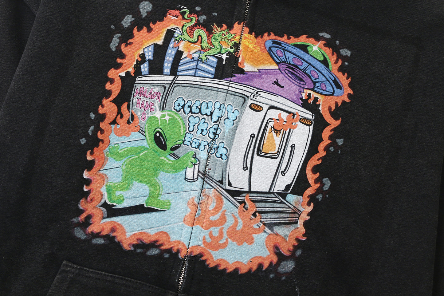 Alien x DM8 Washed Zipup Hoodie Dark Grey