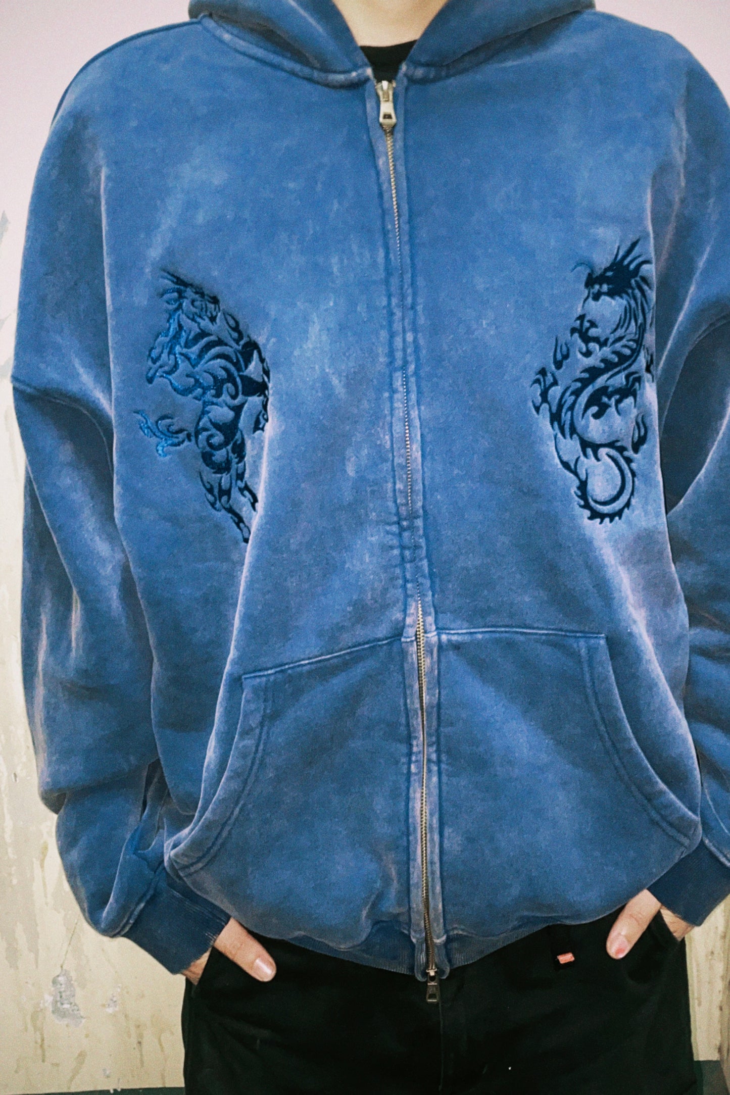 Washed Embroidered Zipup Hoodie Dark Blue