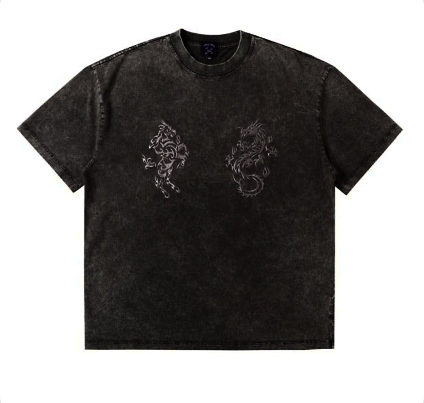 Kirin & Dragon Embroidery Washed Tee Dark Black