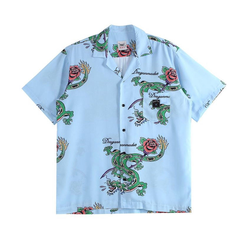 青圭 Rose Dragon Shirt Blue