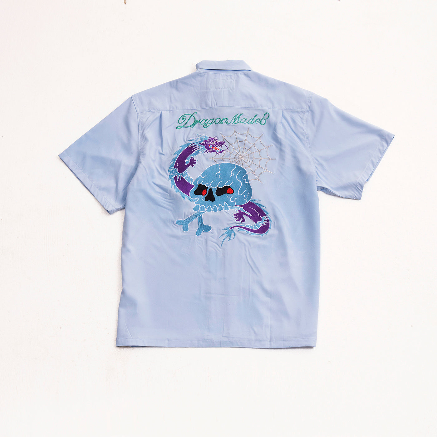 Skull Dragon Embroidery Shirt Blue