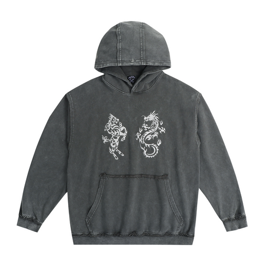 Kirin & Dragon Embroidery Hoodie Washed Grey