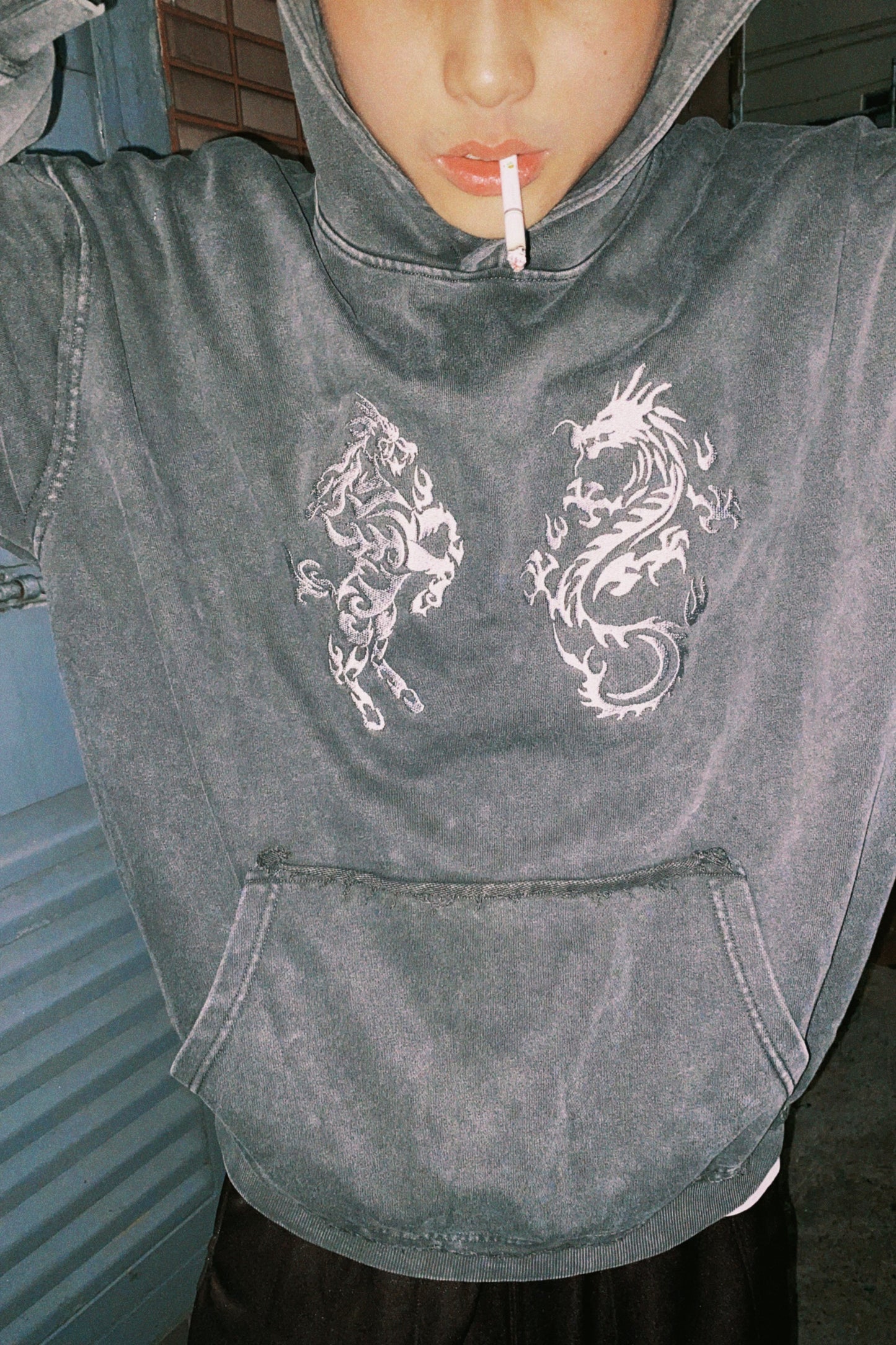 Kirin & Dragon Embroidery Hoodie Washed Grey