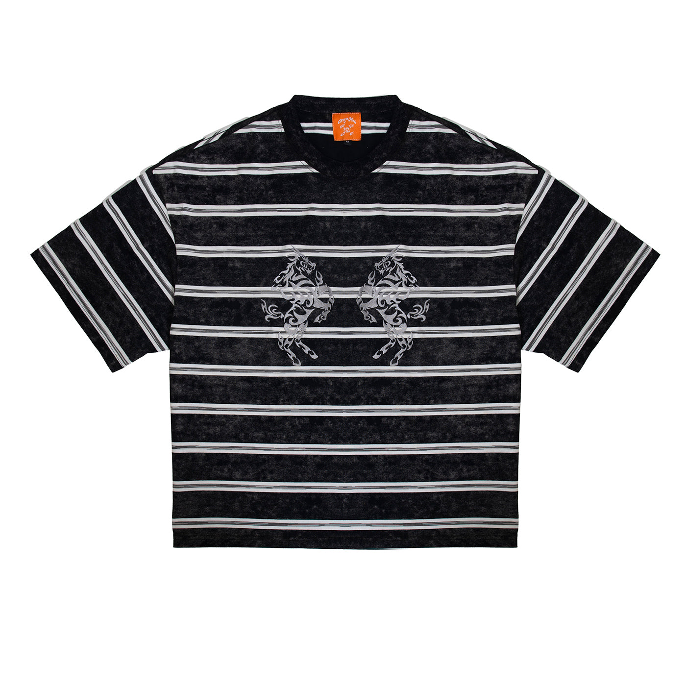 Tribal Dragon & Kirin Embroidery Tee Washed Dark Grey