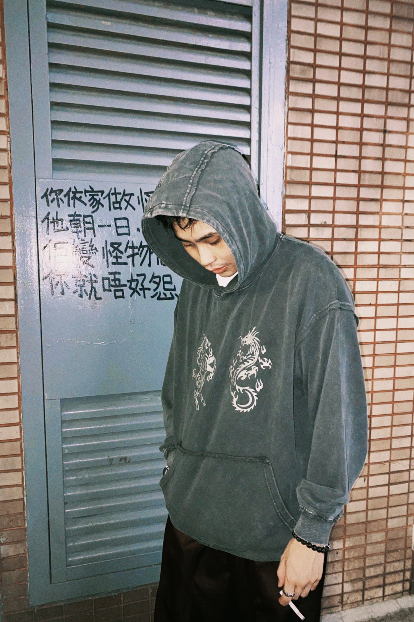 Kirin & Dragon Embroidery Hoodie Washed Grey