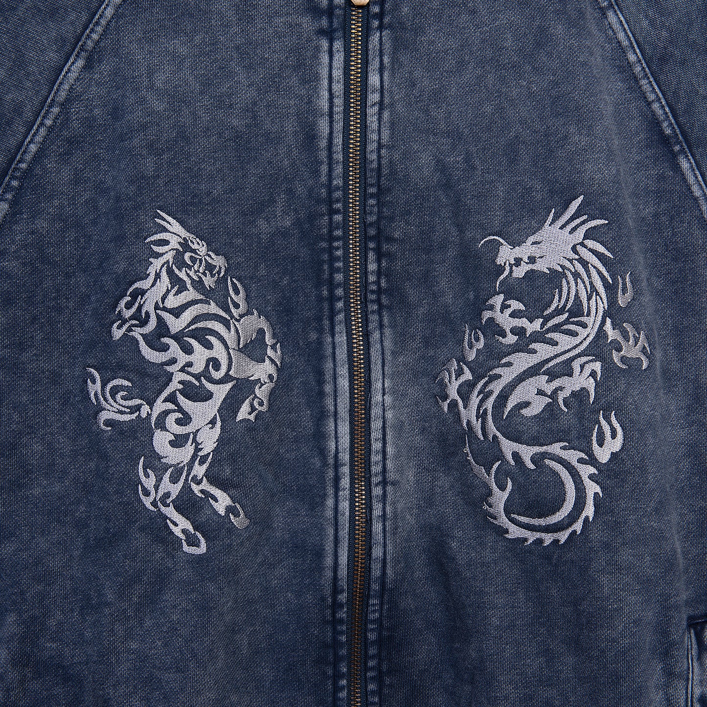 Kirin & Dragon Embroidery Zipup Jacket Washed Blue