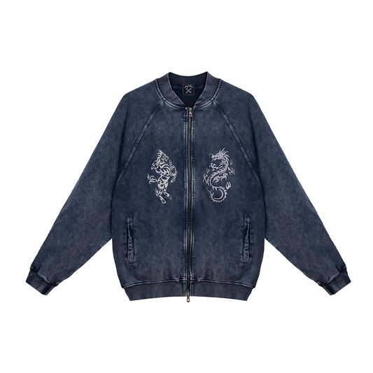 Kirin & Dragon Embroidery Zipup Jacket Washed Blue